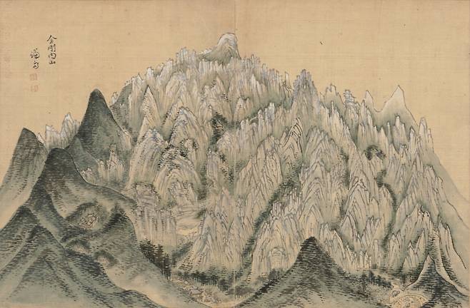 금강내산(해악전신첩, 보물). 해악전신첩이란 '바다와 산의 정신을 담은 화첩'을 말한다. 1712년 겸재가 발표한 이 화첩은 그의 이름이 조선에 널리 알려지는 계기가 됐다. 다만 당시 겸재가 그린 화첩은 사라졌다. 대신 겸재는 72세였던 1747년 금강산을 한 번 더 여행한 뒤 해악전신첩을 다시 그렸는데, 이 작품도 그 중 하나이다. /간송미술문화재단