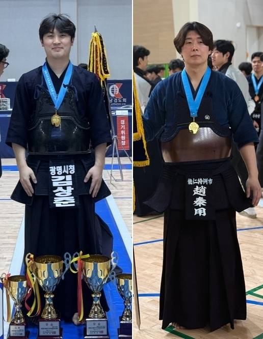 2025 봉림기 전국실업검도 남자 통합부 우승 김상준(왼쪽)과 6단부 시즌 2관왕 조진용. 광명시청·용인시청 제공