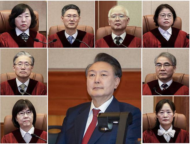 지난 4일 오전 서울 종로구 헌법재판소에서 윤석열 대통령 탄핵심판을 선고했다. 윗줄 왼쪽부터 시계방향으로 헌법재판소 대심판정에 앉은 정계선, 문형배, 정형식, 김복형, 조한창, 정정미 헌법재판관, 윤 대통령, 이미선, 김형두 헌법재판관. 공동취재