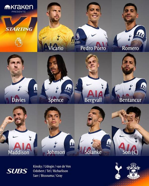 토트넘 홋스퍼의 사우스햄튼 FC전 선발 라인업. 사진┃토트넘 홋스퍼