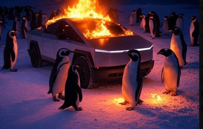 펭귄들이 테슬라 차량을 방화하는 밈./ 엑스