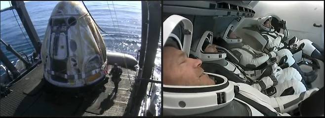 캘리포니아 해역으로 안전하게 착륙한 스페이스X 우주선(왼쪽)과 내릴 준비를 하고 있는 프램2 구성원들. 스페이스X 제공.