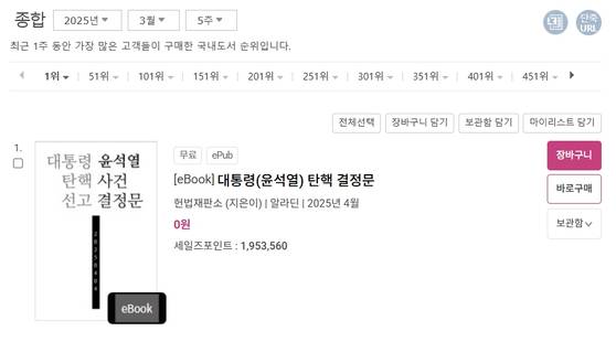 6일 온라인 중고서점 알라딘에서 전자책으로 배포된 '대통령 탄핵 결정문'이 주간 베스트셀러 1위에 올라있다. 사진 홈페이지 캡처