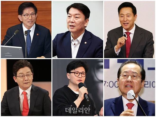 국민의힘 내 대권 잠룡인 김문수 고용노동부 장관, 안철수 국민의힘 의원, 오세훈 서울시장, 홍준표 대구시장, 한동훈 국민의힘 전 대표, 유승민 국민의힘 전 의원(왼쪽부터 시계 방향) ⓒ데일리안DB