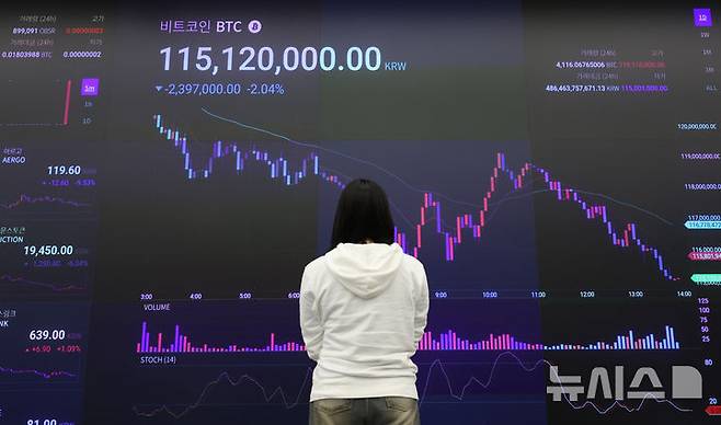 [서울=뉴시스] 김진아 기자 = 도널드 트럼프 미국 대통령의 상호관세 부과 충격으로 비트코인 가격이 8만 달러 선 아래로 내려간 7일 서울 강남구 업비트 고객센터 전광판에 비트코인 시세가 표시되고 있다. 2025.04.07. bluesoda@newsis.com