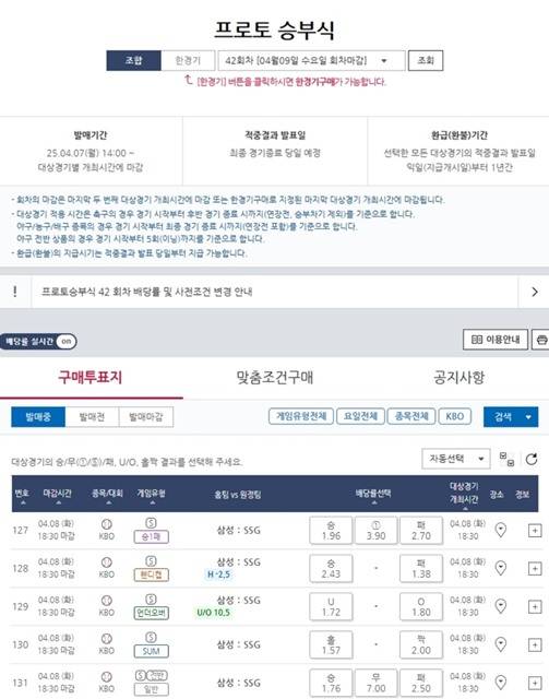 프로토 승부식 42회차 대상 경기 및 배당률.