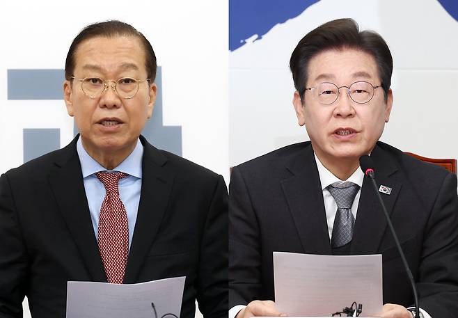 권영세 국민의힘 비상대책위원장(왼쪽)과 이재명 더불어민주당 대표가 4일 서울 여의도 국회에서 각각 헌법재판소의 윤석열 대통령 파면 결정에 대해 입장을 발표하고 있다./뉴스1