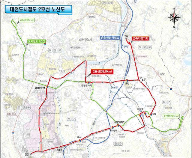 대전도시철도 2호선 노선도. 45개 정거장 명칭은 절차를 거쳐 결정할 예정이다. 대전시 제공