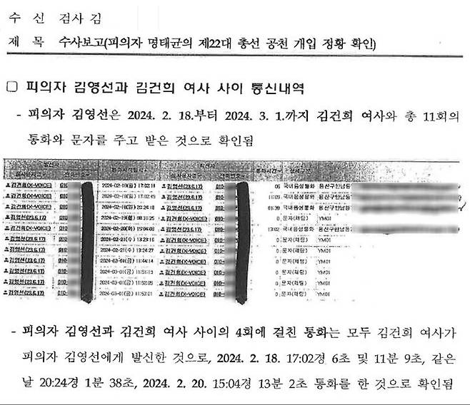 검찰이 확인해서 정리한 김영선과 김건희의 통신 내역 (2024.11.10. 작성된 검찰 수사보고서)