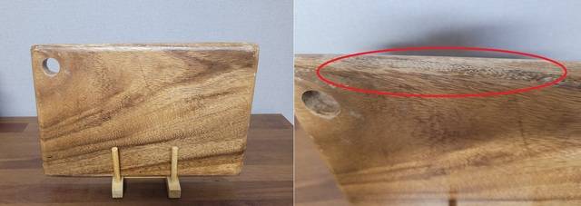 오일을 발라 관리한 나무도마 정면(왼쪽)과 오일을 잘 바르지 않은 도마 윗면이 재료를 손질하는 정면보다 더 손상된 모습.