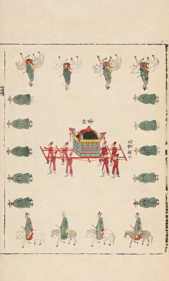 국보 ‘종묘 정전’의 보수 정비 공사가 5년 만에 완료됨에 따라 오는 20일 조선 왕과 왕비의 신주 49위를 종묘 정전으로 다시 모셔오는 ‘환안제’가 열린다. 사진은 이번 환안제에 쓸 가마 가운데 신여(神轝, 궁궐 내에서 신주를 모실 때 사용하는 가마)가 묘사된 이환안반차도(移還安班次圖). 사진 국가유산청