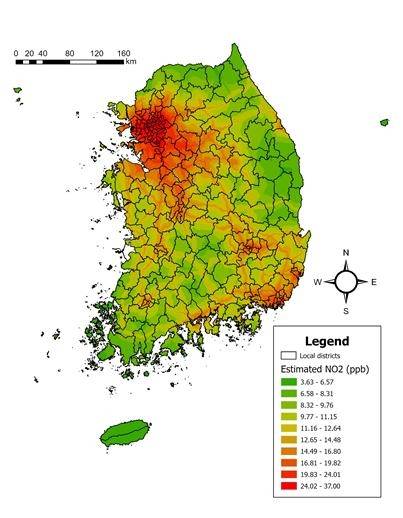 전국 이산화질소의 평균 농도 공간 분포도. 2018년부터 2022년까지 위성사진을 500m 격자로 촘촘히 분석했다. 붉을 수록 농도가 높다는 의미다. [포스텍 제공]