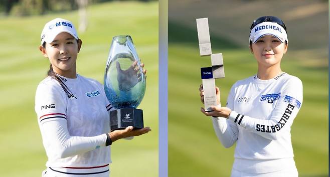 삼천리 소속으로 2025시즌 KLPGA 투어 개막전 블루캐니언 레이디스 챔피언십에서 우승한 박보겸(왼쪽)과 메디힐 모자를 쓰고 두 번째 대회 두산건설 We’ve 챔피언십에서 정상에 오른 이예원. 사진제공 | KLPGA