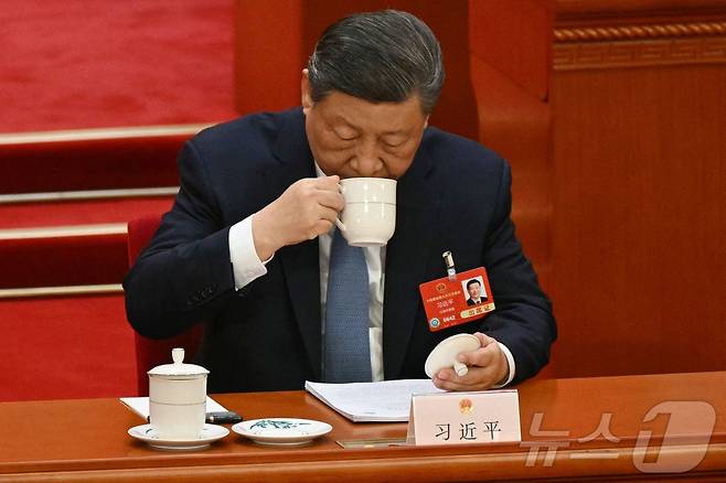시진핑 중국 국가주석이 8일(현지시간) 베이징 인민대회당에서 열린 전국인민대표대회(전인대) 둘째 날 회의에 참석해 차를 마시고 있다. 2025.03.08 ⓒ AFP=뉴스1 ⓒ News1 우동명 기자
