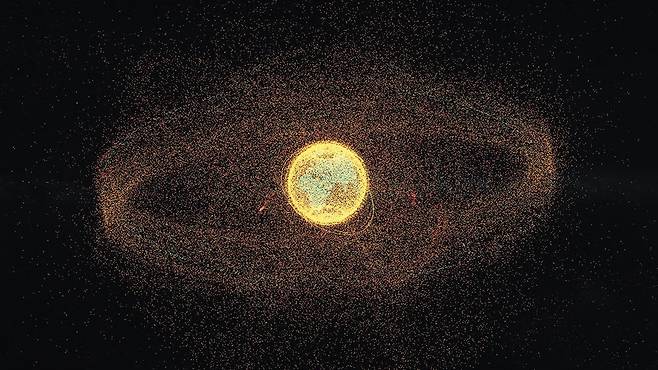 유럽우주국(ESA)이 지난 1일 공개한 우주 쓰레기 모델링 이미지. 가운데 큰 원이 지구이고, 작은 점 하나하나가 인공위성과 우주 쓰레기다. /유럽우주국(ESA)