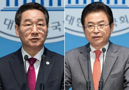 유정복(왼쪽 사진) 인천시장과 이철우 경북지사가 9일 국회 소통관에서 대선 출마를 선언했다. 뉴스1