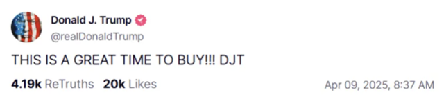 도널드 트럼프 미국 대통령이 9일 뉴욕증시 개장 직후 트루스소셜에 남긴 게시물. "지금이 매수의 적기!!!! DJT"라고 썼다. 트루스소셜 캡처