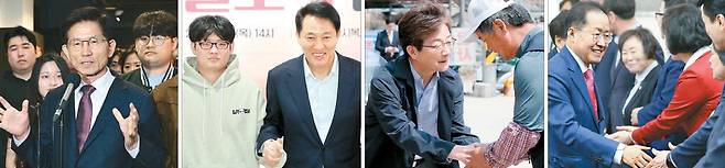 김문수 '청년' 오세훈 '동행' 유승민 '위로' 홍준표 '감사' 국민의힘이 대선 후보 선출을 위한 경선 룰과 일정을 확정한 10일 여권 잠룡들이 활동 보폭을 넓히고 나섰다. 김문수 전 고용노동부 장관이 서울 종로구 전태일기념관을 찾아 청년들과 전시관을 둘러본 뒤 취재진 질의에 답하고 있다. 오세훈 서울시장이 마포구 서울시복지재단에서 열린 핵심 소득보장 복지정책인 '디딤돌소득' 관련 간담회를 마친 뒤 참석자들과 기념 촬영을 하고 있다. 유승민 전 국민의힘 의원이 산불 피해가 발생한 경북 안동시 일직면 원리를 찾아 주민들을 위로하고 있다. 홍준표 대구시장이 대구시의회에서 시장직 사퇴 인사를 하기 전 당 소속 대구시의회 의원들과 악수하고 있다.  연합뉴스뉴스1