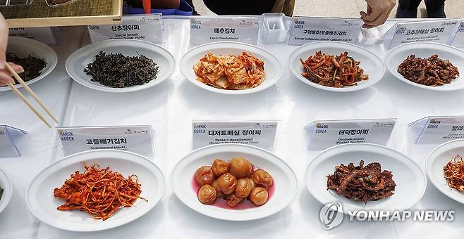 한식 미식 마켓에서 선보인 다양한 김치들 [연합뉴스 자료사진] 지난 3월 25일 서울 중구 한국의집에서 농림축산식품부와 한식진흥원이 개최한 한식 미식 마켓 행사에서 초청된 참가자들이 박광희 김치가 선보인 다양한 김치를 맛보기 위해 고르고 있다. 2025.3.25 photo@yna.co.kr