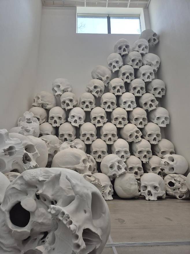 100개의 두개골 '매스' (서울=연합뉴스) 황희경 기자 = 국립현대미술관 서울관에서 11일 개막하는 론 뮤익의 개인전에 전시된 '매스'. 100개의 두개골 형상을 층고 14m 전시장에 설치한 작품이다. 2025.4.10. zitrone@yna.co.kr