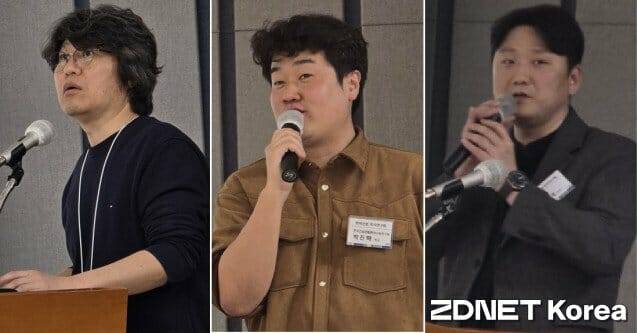 제22차 방위산업지식연구회  주제강연자. 왼쪽부터 KISTI 박경석 박사, 한국건설생활환경시험연구원 박진확 박사, KAIST 이채석 연구교수.