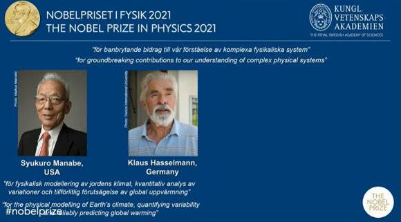 미국인 슈쿠로 마나베(Syukuro Manabe, 왼쪽)와 독일인 클라우스 하셀만(Klaus Hasselmann) 박사 두 명이 기후변화와 관련된 연구로 '2021년 노벨물리학상'을 받았다. [사진=노벨상위원회]