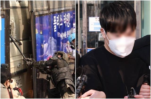 지난 4일 서울 종로구 헌법재판소 인근에서 윤 대통령 파면 결정에 반발해 경찰버스를 부순 이모씨. 오른쪽 사진은 11일 오전 성북구 성북경찰서에서 검찰로 송치되는 이씨 모습. 연합뉴스, 뉴시스