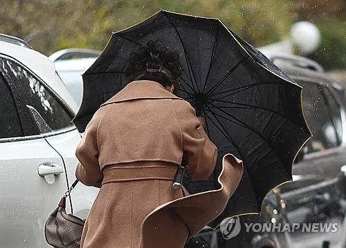 서울 마포구에서 시민이 우산을 붙잡은 채 걸어가고 있다. [연합뉴스 자료사진]
