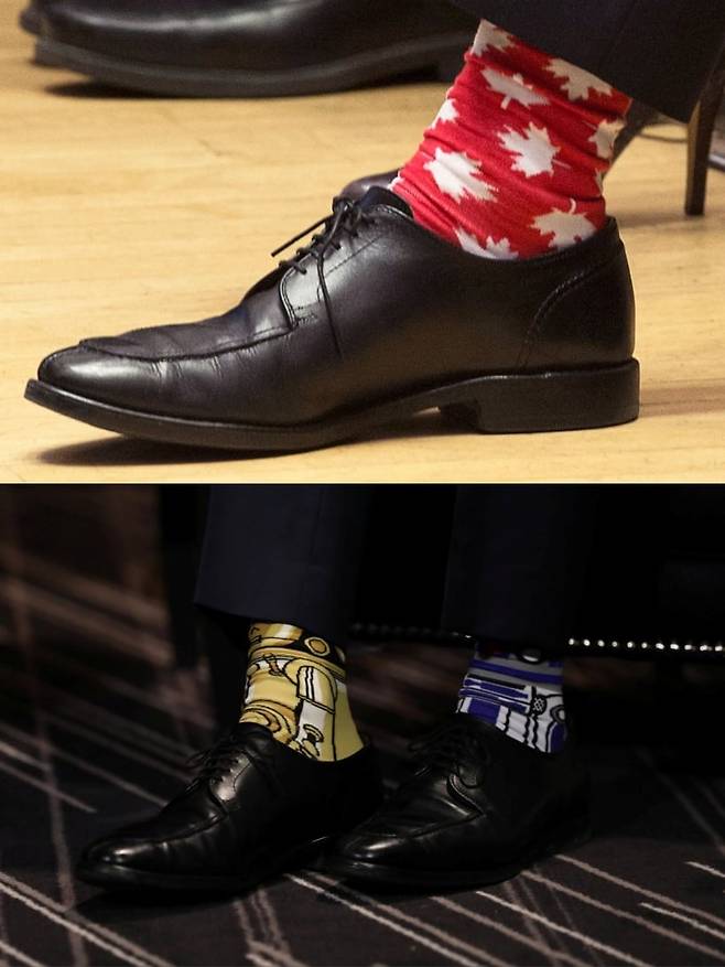 Former Canadian Prime Minister's Maple Leaf‌ Socks (top) and Star Wars character socks.