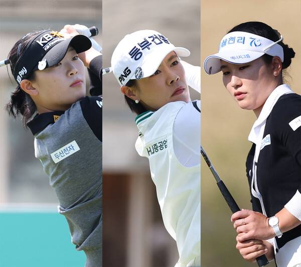 2025년 한국여자프로골프(KLPGA) 투어 iM금융오픈 골프대회에 출전한 장타자 방신실, 박주영, 최가빈 프로가 2라운드에서 경기하는 모습이다. 사진제공=KLPGA