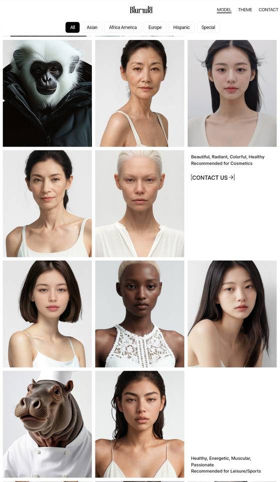 생성형 AI로 개발한 모델들의 에이전시 블러블러의 홈페이지 모습. [사진 플러스엑스]