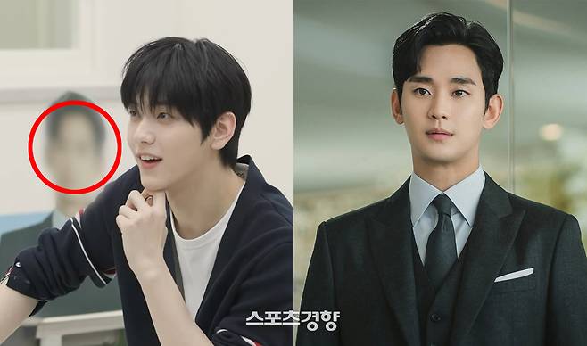 웹 예능에 출연한 투바투 범규의 모습을 비롯해 모자이크 처리된 김수현이 입간판. 유튜브 방송화면·tvN 제공
