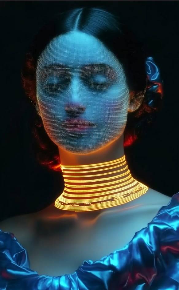 이병호 작가의 AI - POST HUMAN IDENTITY 2024 연작. 목을 장식한 금빛 광선은 사람들을 꼼짝 못하게 만드는 도구처럼 보인다.