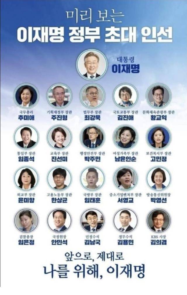 2022년 3월 제20대 대선을 앞두고 온라인에 확산된 '미리 보는 이재명 정부 초대 인선' 명단. 명단 속 인사들은 주로 민주당 출신 정치인들로, 이들이 실제로 예비 내각에 포함됐는지는 확인되지 않았다. 온라인 커뮤니티 화면 캡처