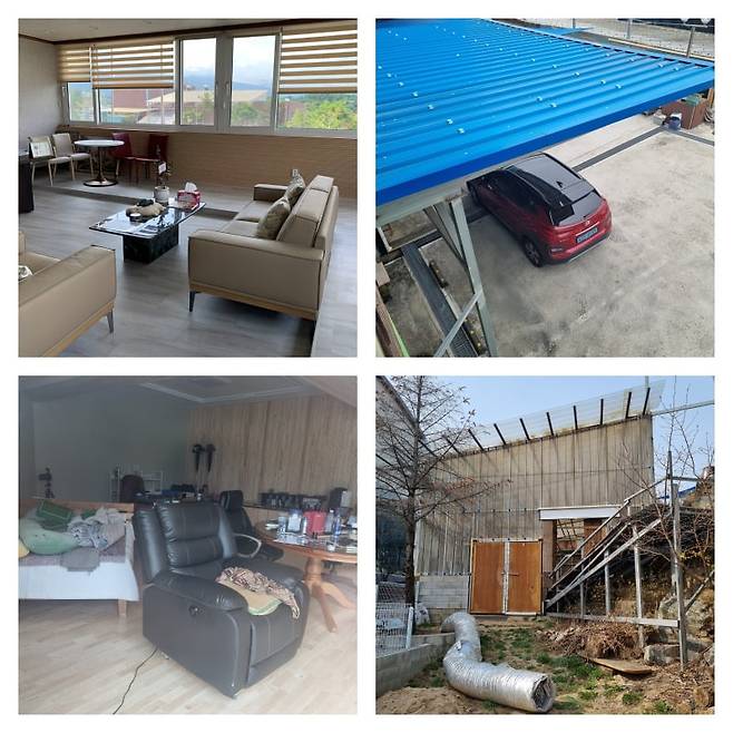 강원학원 이사장실(왼쪽 위부터 시계방향), 이사장 부부의 전용 주차장, 이사장 부부가 사용하는 온실, 학교 시설 내 예산을 횡령해 설치한 휴게실 / 사진=국민권익위원회 제공