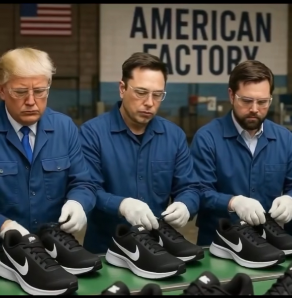 미국의 제조업 부흥으로 나이키 신발을 만들고 있는 도널드 트럼프 미국 대통령(왼쪽부터), 일론 머스크 테슬라 최고경영자, JD 밴스 부통령을 묘사한 인공지능 영상. 엑스 캡처