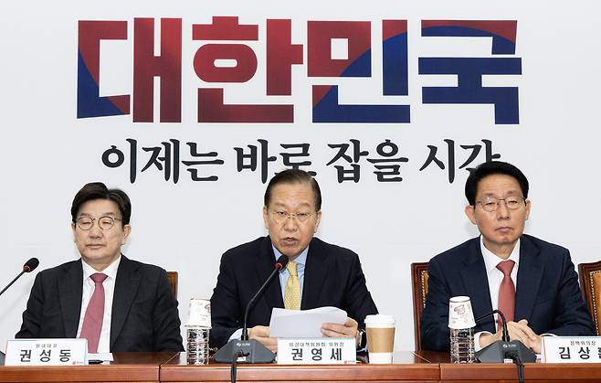 권영세 국민의힘 비상대책위원장(가운데)이 14일 오전 서울 여의도 국회에서 열린 비상대책위원회의에서 발언을 하고 있다. /뉴스1