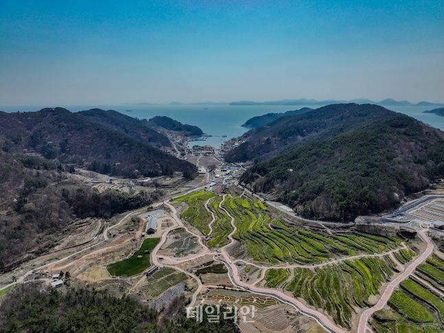 두모파라당스라고 불리는 두모마을은 다랭이논의 유채꽃밭과 더불어 조개잡이 등 다양한 체험과 볼거리를 갖췄다. 하늘에서 바라본 두모마을은 아름다운 유채꽃이 만개하며 화려함을 자랑하고 있다. ⓒ데일리안 배군득 기자