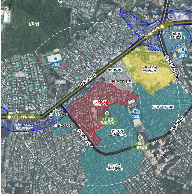 상도동 242번지 일대 모아타운(대상지)과 상도14·15구역 위치도. 동작구