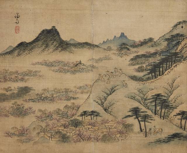 봄날 필운대에서 조망한 한양도성을 그린 필운대상춘도(弼雲臺賞春圖). 왼쪽으로 남산, 오른쪽으로는 남대문과 관악산까지 담아냈다. 비단에 수묵담채, 27.5×33.5㎝. 호암미술관 제공