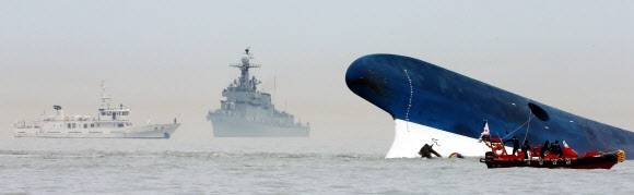 2014년 4월 16일 오후 전남 진도군 조도면 병풍도 북쪽 20km 해상에서 해경해난구조대(SSU)와 해경이 침몰된 세월호를 잠수수색하고 있는 모습. 서울신문 DB