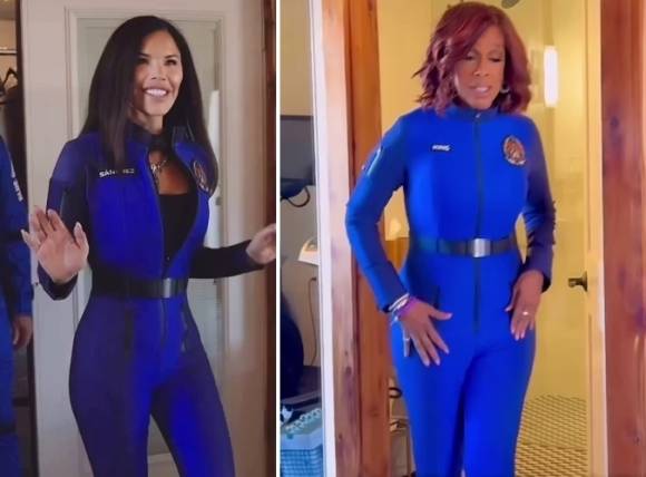 제프 베이조스 아마존 창업자의 약혼녀 로런 산체스(왼쪽)와 CBS의 아침 방송 진행자 게일 킹(오른쪽)이 현지시간으로 14일 우주 여행을 떠나기 전 공식 의상을 공개했다. 엑스 영상 캡처