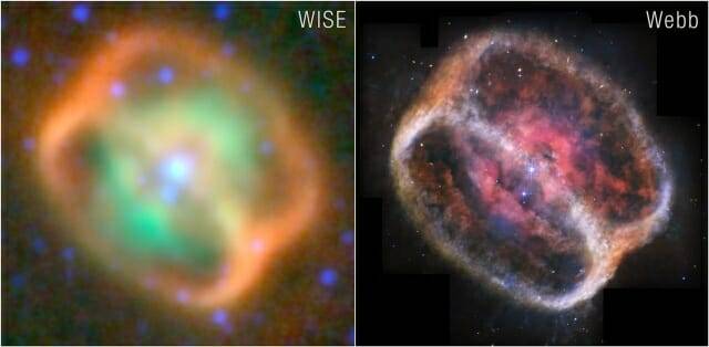 NGC 1514 성운을 과거 NASA 광시야 적외선 탐사선(WISE)으로 촬영한 사진(왼쪽)과 제임스웹으로 촬영한 사진(오른쪽) (사진=NASA/ESA/CSA/STScI/NASA-JPL/칼텍/UCLA)