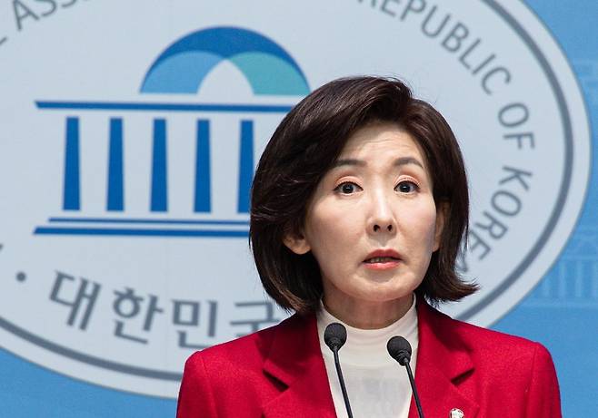 제21대 대통령선거에 출마한 나경원 국민의힘 의원이 15일 오전 서울 여의도 국회 소통관에서 G5 강국 공약 기자회견을 하고 있다. 2025.4.15/뉴스1