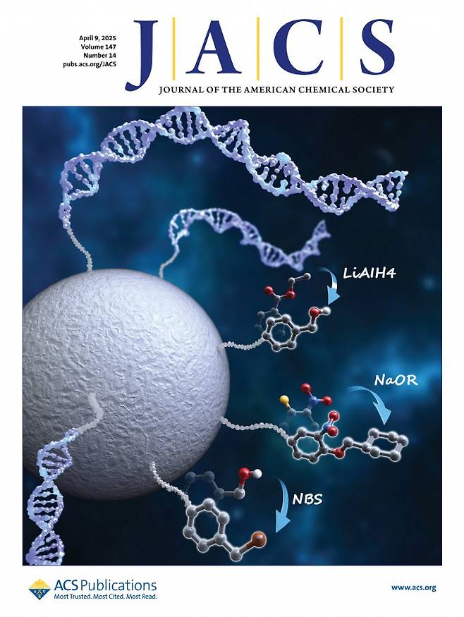 포스텍 연구팀 연구결과가 소개된 미국화학회지 표지. 나노입자에 부착된 DNA마다 화합물이 달려 있다. ACS 제공