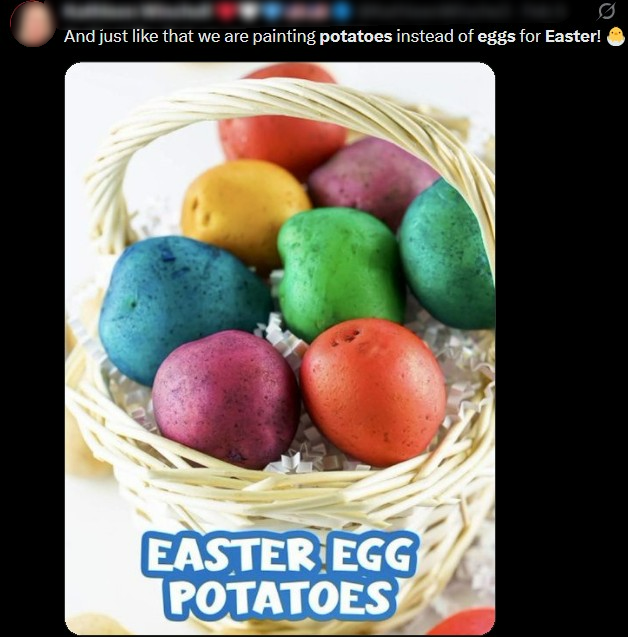 엑스(X, 옛 트위터)에 올라온 색칠 감자 가짜 부활절 달걀. (엑스 갈무리)