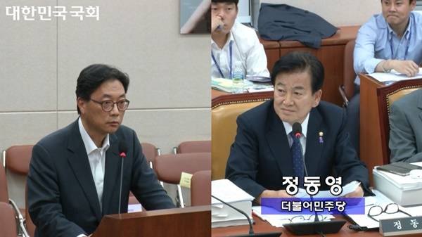 ▲지난해 7월25일 이진숙 방통위원장 후보 인사청문회에서 정동영 민주당 의원이 감사원 출신 조성은 방통위 사무처장에게 방통위에 파견된 감사원, 국세청, 검찰, 경찰 관계자들에 대해 묻고 있다. 사진=국회방송