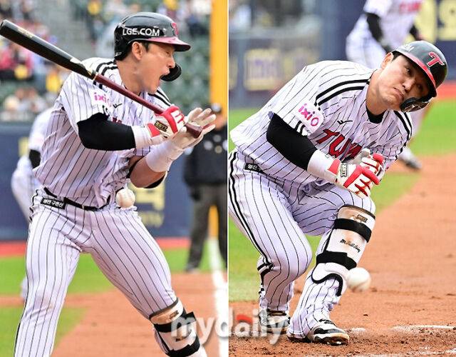 LG 박동원이 두산 김유성의 151km 패스트볼에 옆구리를 맞고 있다 / 잠실 = 유진형 기자 zolong@mydaily.co.kr