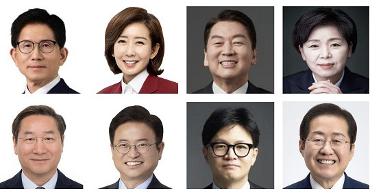 국민의힘 제21대 대통령선거 1차 경선 진출자로 확정된 8명의 후보. 윗줄 왼쪽부터 시계방향으로 김문수 전 고용노동부 장관, 나경원 의원, 안철수 의원, 양향자 전 의원, 홍준표 전 대구시장, 한동훈 전 대표, 이철우 경북도지사, 유정복 인천시장(사진/뉴시스)
