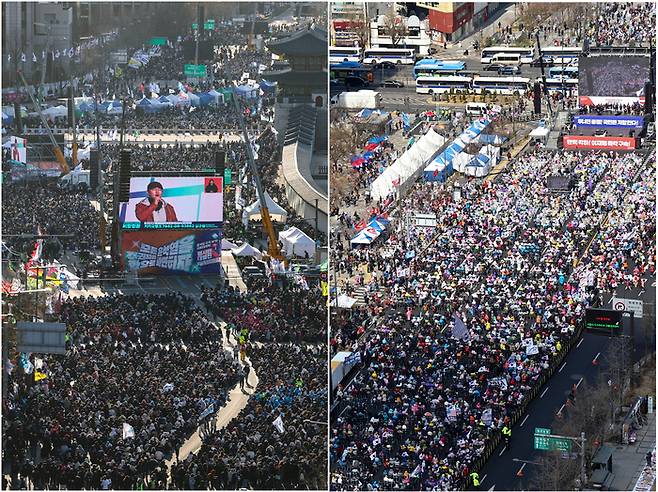 지난 3월 29일 서울 종로구 광화문 일대에서 윤석열 대통령 찬반 집회가 열렸다. 왼쪽은 윤석열 즉각 퇴진 사회대개혁 17차 범시민대행진, 오른쪽은 자유통일당 탄핵 반대 집회. 〈연합뉴스〉